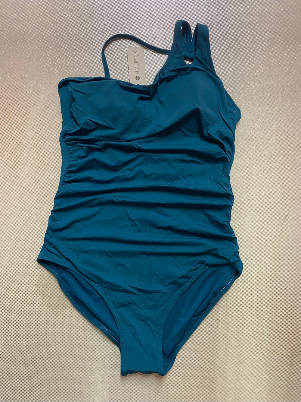 Holipick Teal One-Shoulder Ruched Swim Suit